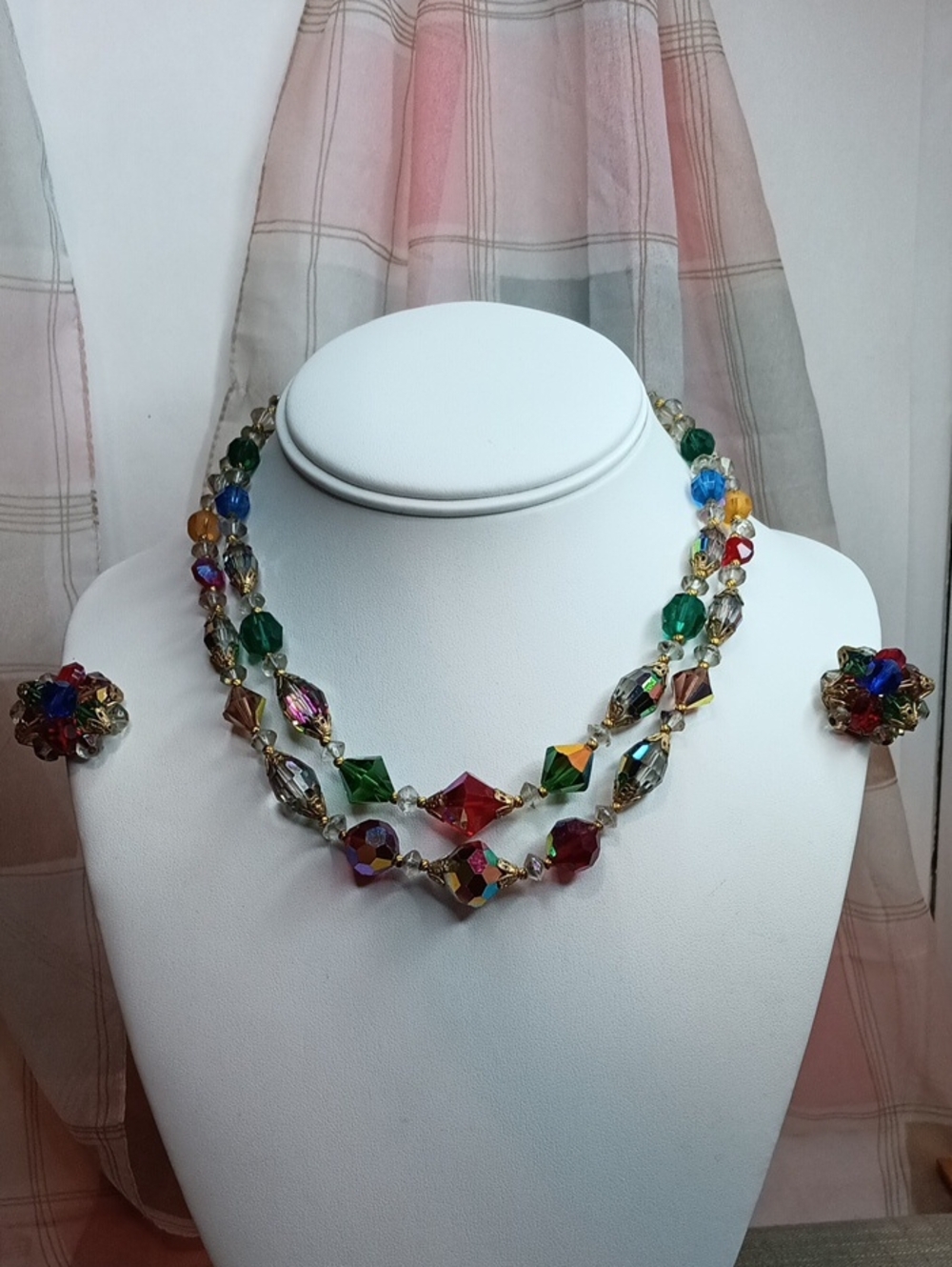 Multicolor Glass Bead Choker Necklace Clip-On Earring Set Vintage